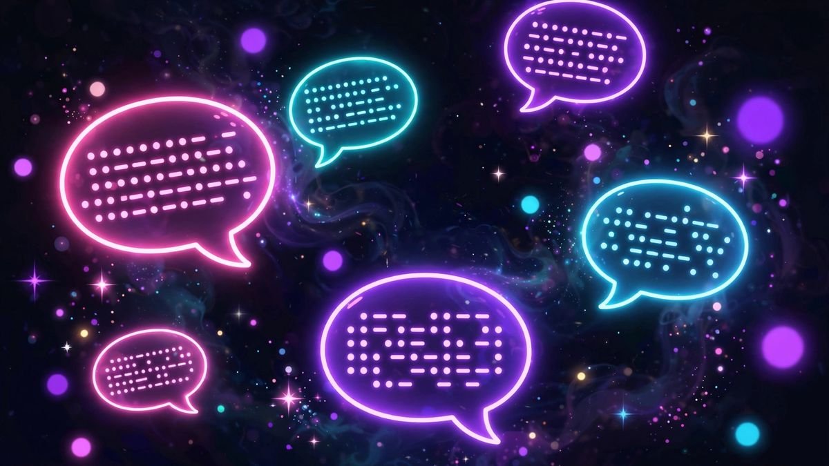 Funny morse code phrases like SOS I need coffee shown as dots and dashes in glowing chat bubbles