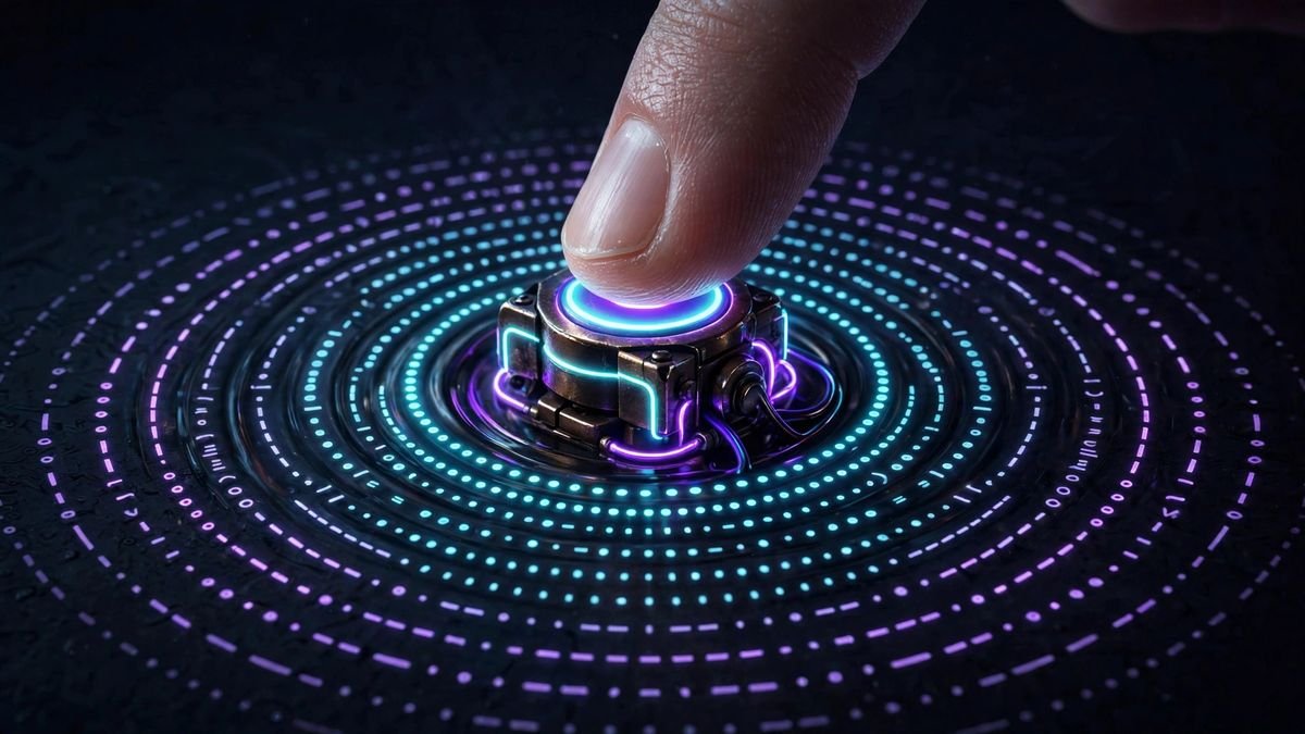 Close-up of a finger tapping out morse code rhythm on a wooden desk surface
