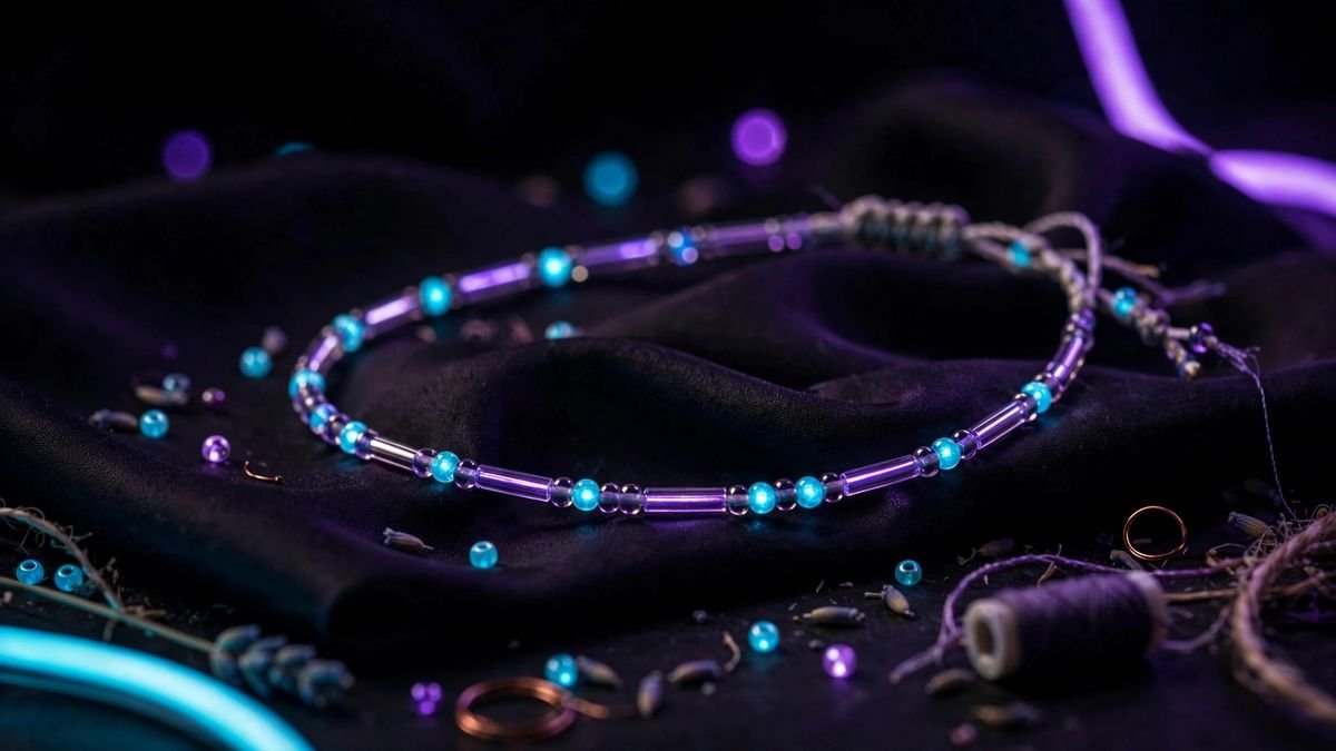 Handmade morse code bracelet with round dot beads and tube dash beads spelling LOVE, flat-lay on a table